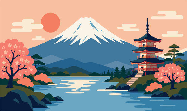 Iconic Japanese Landscape Vector Illustration Featuring Mount Fuji, Traditional Pagoda, Pink Cherry Blossoms, and a Serene Lake Under a Red Sun - Perfect for Travel and Culture Projects