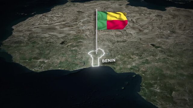 Benin Map Animation with 3D Waving of Benin National Flag and Glowing Border Animation on World Map