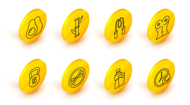 Set line Time to sleep, Bottle of water with glass, No Smoking, Weight, Women waist, Jump rope, Bamboo and Avocado fruit icon. Vector
