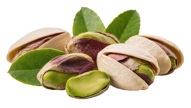 Heap of shelled and unshelled pistachios with green leaves, isolated on transparent background