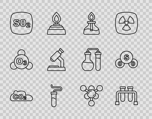 Fototapeta premium Set line CO2 emissions in cloud, Test tube, Alcohol or spirit burner, Sulfur dioxide SO2, Microscope, Molecule and icon. Vector