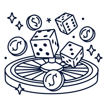 Black and white drawing of a wheel with dice and coins