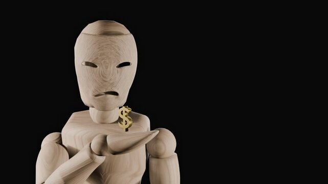Financial control concept with wooden mannequin and dollar symbol