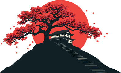 Traditional Japanese Temple Silhouette with Red Maple Tree and Rising Sun Background Vector Illustration. Minimalist Zen Art for Asian Culture, Travel and Spiritual Design Themes. © Sadek