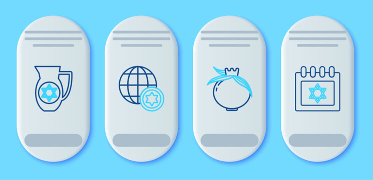 Set line World Globe and Israel, Pomegranate, Decanter with star of david and Jewish calendar icon. Vector