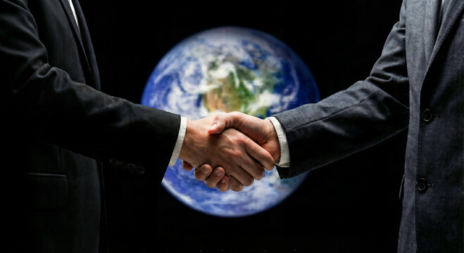 Business partners shaking hands as symbol of international cooperation and corporate agreement with detailed planet earth background isolated on dark studio backdrop.