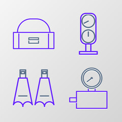 Set line Gauge scale, Rubber flippers for swimming, and Case box container wobbler icon. Vector © Oksana