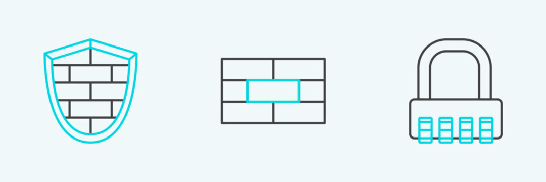 Set line Safe combination lock, Shield with cyber security brick wall and Bricks icon. Vector