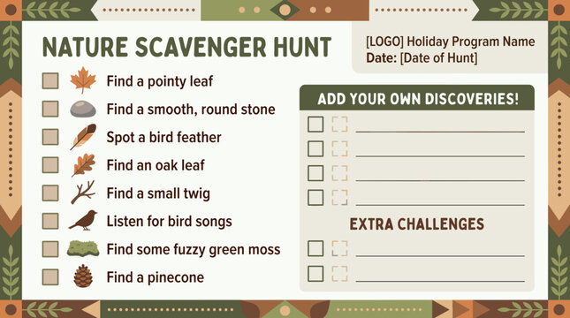 A nature scavenger hunt checklist. Includes a variety of items to find, such as a pointy leaf, a stone, and a feather