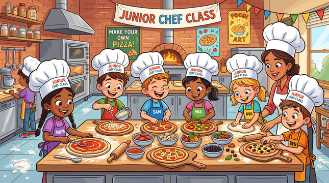 A junior chef class working on pizzas, learning and having fun