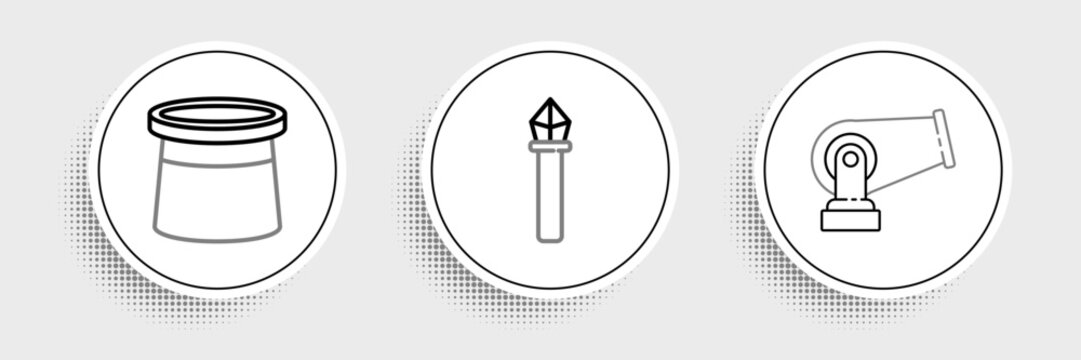Set line Cannon, Magician hat and staff icon. Vector