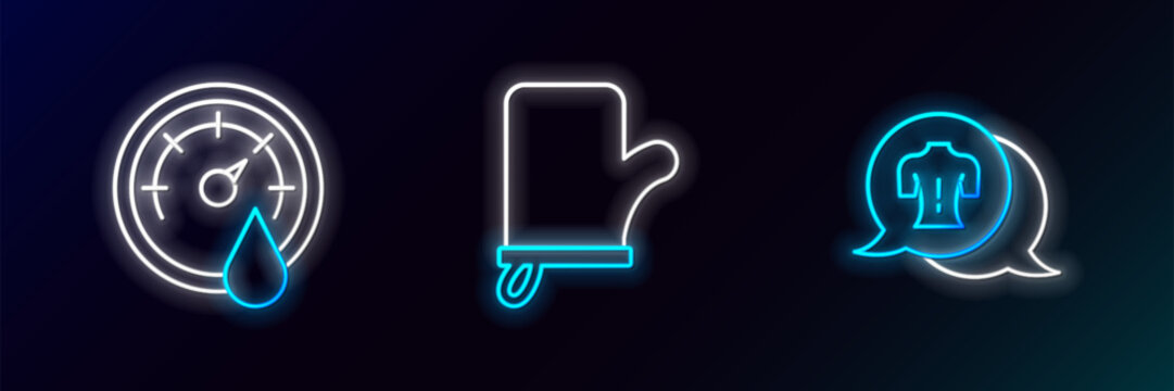 Set line Massage, Sauna thermometer and mittens icon. Glowing neon. Vector