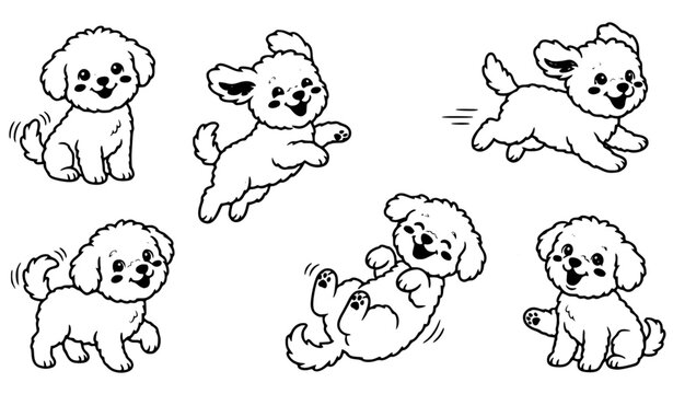 Cute bichon frise puppies collection with playful poses cartoon dog vector illustration isolated on white background