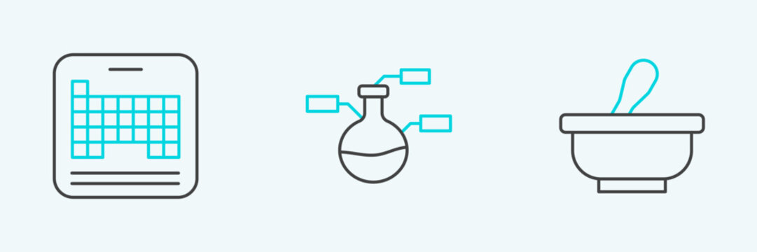 Set line Mortar and pestle, Periodic table and Test tube flask icon. Vector