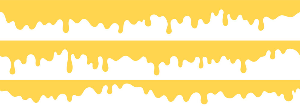 Seamless yellow dripping pattern with liquid stripes. Melted icing texture on white background. Set of seamless melting shapes