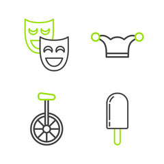 Set line Ice cream, Unicycle or one wheel bicycle, Jester hat with bells and Comedy theatrical masks icon. Vector © Oksana