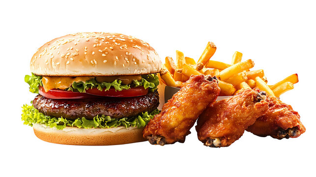 Burger fries and chicken wings combo meal served with sauce on transparent background for quick service.