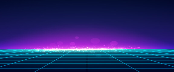 Cyberpunk neon grid background with 3D 80s retro purple patterns and vibrant lights. Synthwave floor texture and Tron laser effects for virtual arcade spaces. Digital polygon mesh or bright topograph. © Arif Lukman