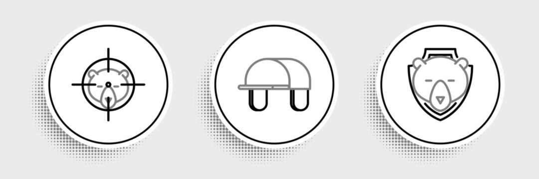 Set line Bear head on shield, Hunt bear with crosshairs and Hunter hat icon. Vector