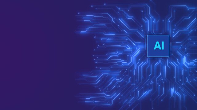 AI circuit chip background with glowing blue processor lines, purple copy space, and futuristic technology layout. for artificial intelligence videos, automation intros, software titles, and overlays.