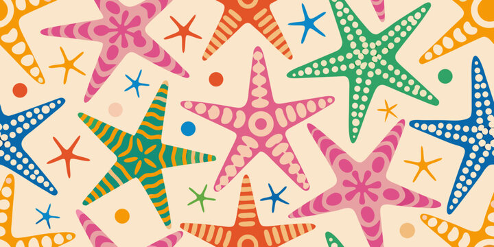 Colorful starfish pattern with playful sea stars on beige background