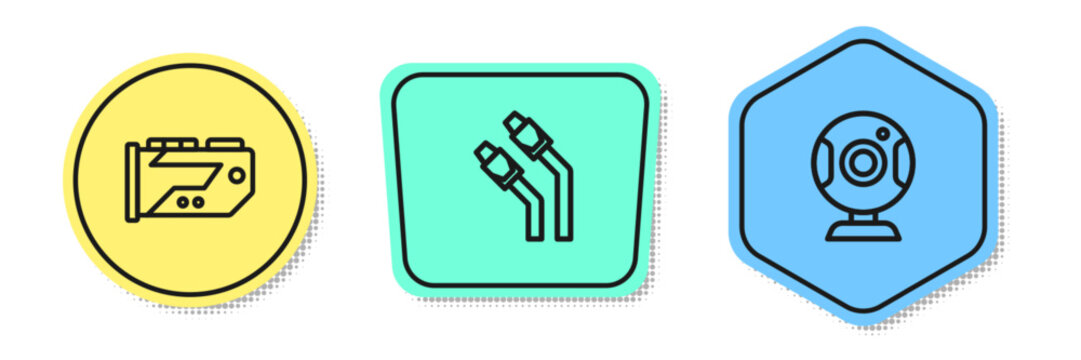 Set line Video graphic card, LAN cable network internet and Web camera. Colored shapes. Vector