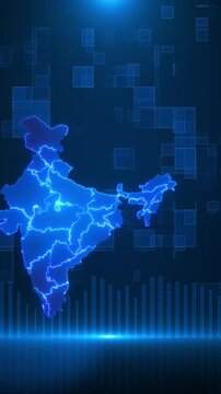Indian digital business background with blue map outline, glowing regional borders, data columns, and tech square patterns. Perfect for finance videos, startup reports, analytics screens, and overlays