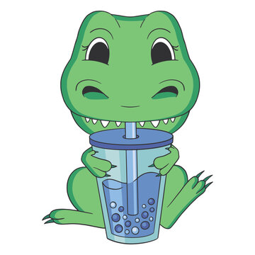 Green t - rex drinking from a cup