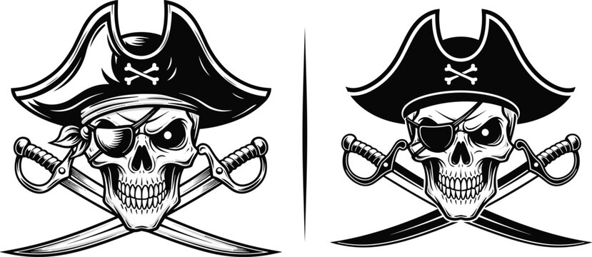 Pirate skull emblem collection with crossed swords and captain hat for adventure and vintage tattoo design projects
