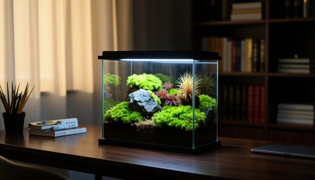 Aquascaping action in a modern home office aquatic garden showcase serenity environment indoor viewpoint