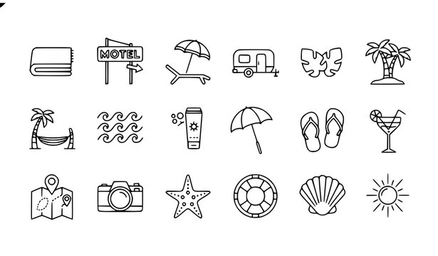 Editable outline resort icons pack with beach hammock motel caravan and travel vacation line symbols