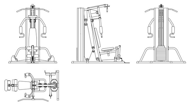 Fitness pulldown and row machine  technical drawing blueprint with front side back and top views CAD line art vector illustration