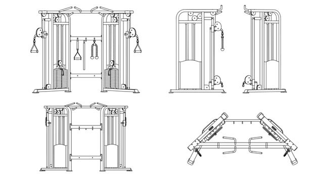 Functional trainer machine technical drawing blueprint with front side back and top views CAD line art vector illustration