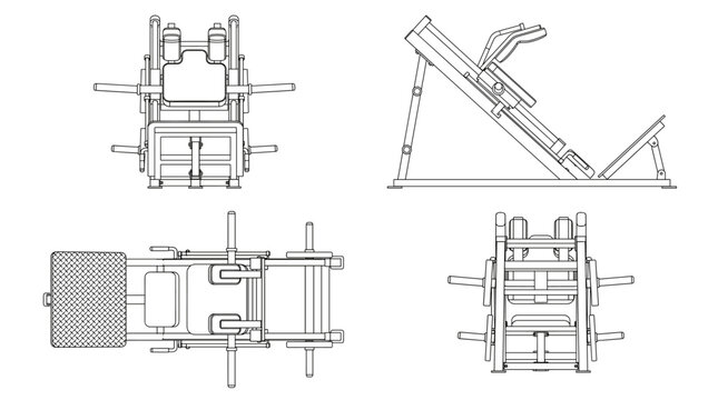 Hack squat machine technical drawing blueprint with front side back and top views CAD line art vector illustration