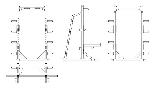 Half rack technical drawing blueprint with front side back and top views CAD line art vector illustration