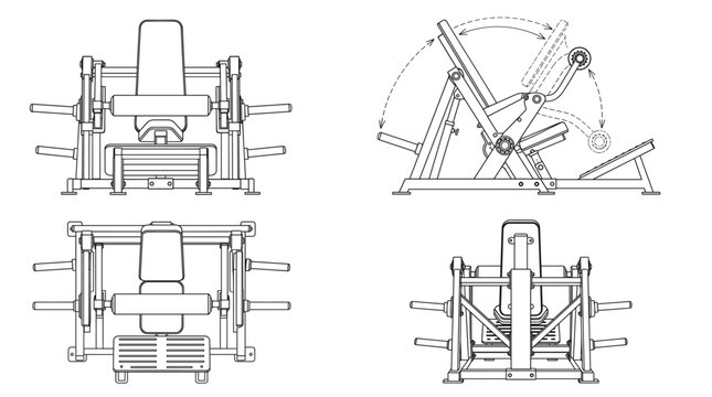 Hip thrust machine technical drawing blueprint with front side back and top views CAD line art vector illustration