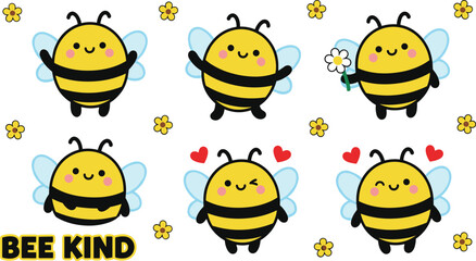 Cartoon bee kindness illustrations with flowers, hearts, cheerful insect characters, and positive message vector design concepts © MSTSORIFA
