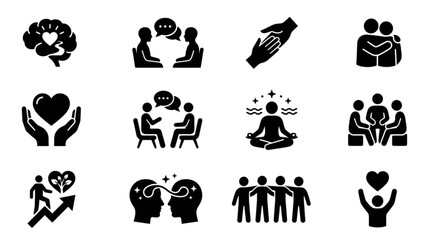 Fototapeta premium Mental Health Support Black Silhouette Icon Set Therapist Patient Trust Minimal Vector Pack