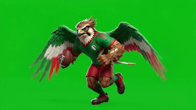 A dynamic cartoon falcon mascot is depicted in a fast attack pose, symbolizing UAE football. The falcon is dressed in a green and red football uniform, with an intense expression and an athletic