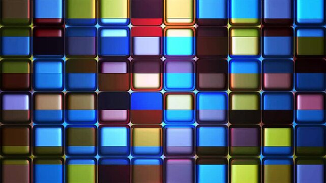 Abstract colorful glowing grid animation, 3d vibrant flickering tiles background loop, modern geometric pattern motion graphics, aesthetic glowing square mosaic for creative projects. 4k video