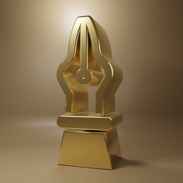 Gold Fountain pen nib icon isolated on brown background. Pen tool sign. Minimalism concept. 3D render illustration