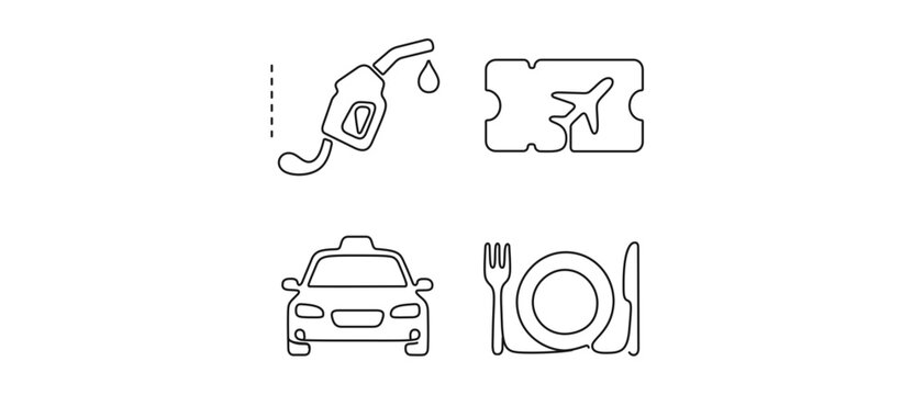 Business travel expense reimbursement vector icon set with gas pump, airplane ticket, taxi, and dinner plate designs. Collection of 4 icons with editable stroke for corporate financial tracking.