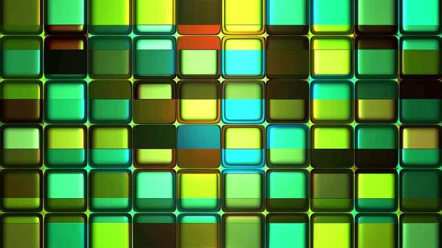 Colorful 3d flickering tiles animation background, abstract vibrant glowing cubes wall loop, modern geometric grid motion graphics, aesthetic flickering light square mosaic display. 4k video
