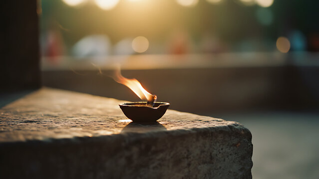 Traditional burning clay diya lamp on stone surface at sunset for Diwali celebration