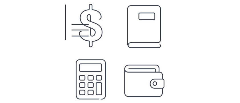 Project budget tracking vector icon set featuring dollar sign, ledger book, pocket calculator, and leather wallet for financial planning, expense management, and professional business accounting.