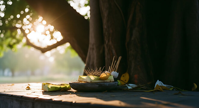 Traditional Balinese Canang Sari flower offerings under a tree at sunset