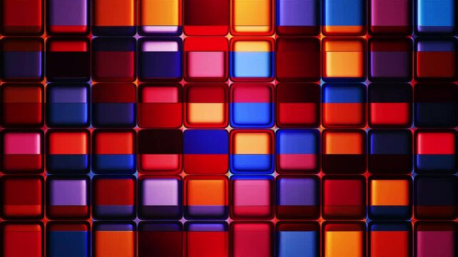 Colorful glowing 3d cubes wall animation, abstract vibrant glass tiles flickering background loop, modern geometric pattern motion graphics, aesthetic flickering light square backdrop. 4k video