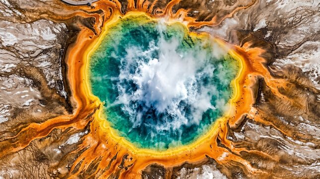 Aerial drone photo looking straight down into a violently erupting geyser at maximum bla, with ast boiling water and steam column shooting toward camera

