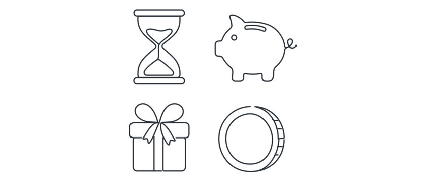 Minimalist collection of 4 icons for business analysis and customer lifetime value prediction with editable stroke featuring hourglass piggy bank gift and currency symbols in vector format.