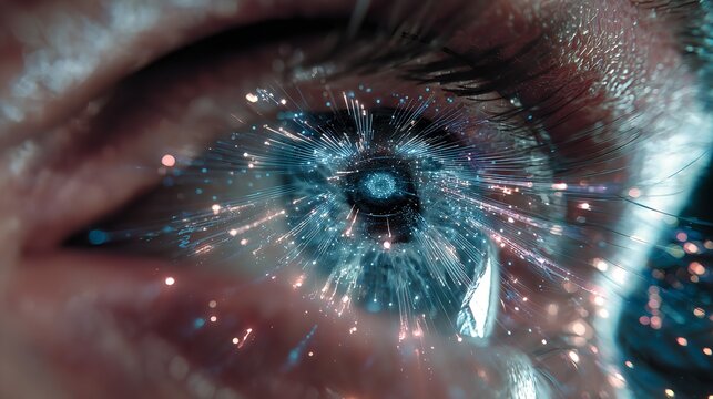 A macro illustration of a human eye in space featuring a glowing blue iris and black pupil within a fantasy galaxy design
